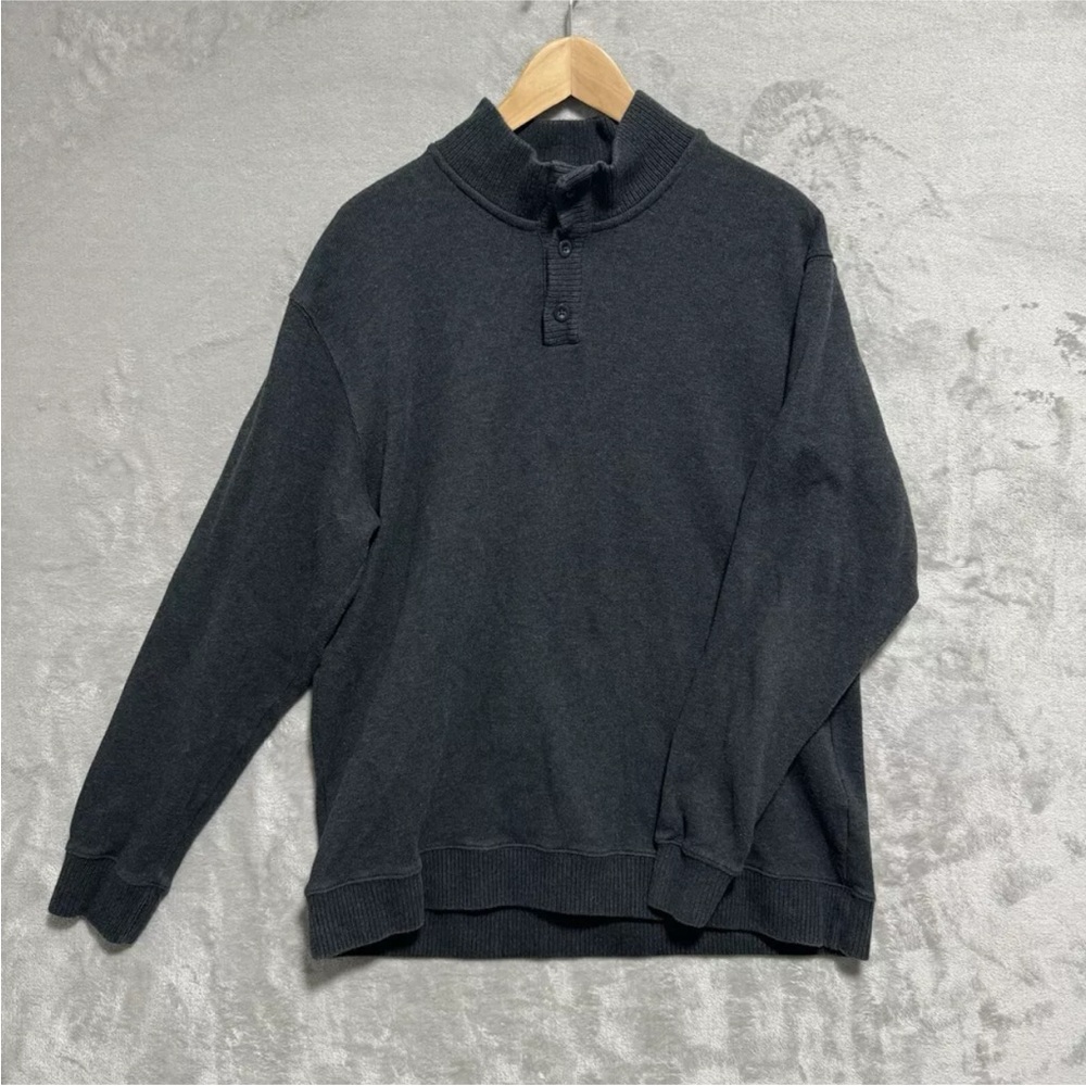 Eddie Bauer Mens Sz L Pullover Sweater  Dark Grey 1/4 Button  100% Cotton Casual